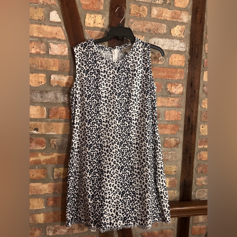 Sleeveless Navy and White Leopard Print Linen Shift Dress by Charlie Page